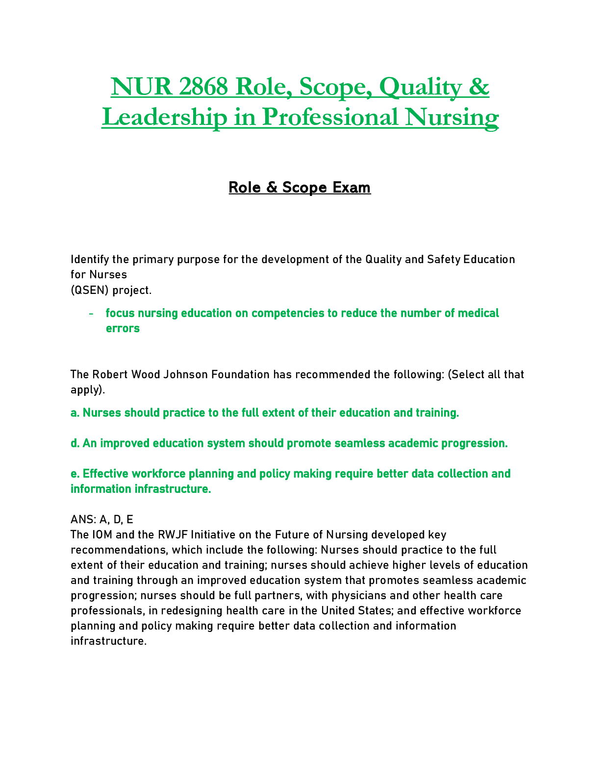 Preview image for NUR 2868 / NUR2868 Exam  : Role, Scope, Quality & Leadership in Professional Nursing - Rasmussen